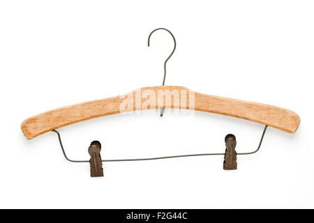 Old wooden coat hanger  on white background Stock Photo