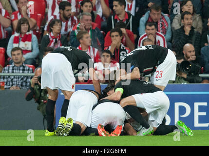 Bilbao, Spain. 17th Sep, 2015. Players of Augsburg celebrate after Altintop scored the 0-1 lead during the UEFA Europa League Group L soccer match between Athletic Bilbao and FC Augsburg at Estadio de San Mames in Bilbao, Spain, 17 September 2015. Photo: Juan Flor/dpa/Alamy Live News Stock Photo