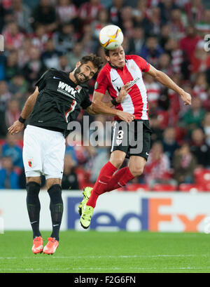 Bilbao, Spain. 17th Sep, 2015. Halil Altintop of Augsburg (L) vies for the ball with Gorka Elustondo of Bilbao during the UEFA Europa League Group L soccer match between Athletic Bilbao and FC Augsburg at Estadio de San Mames in Bilbao, Spain, 17 September 2015. Photo: Juan Flor/dpa/Alamy Live News Stock Photo