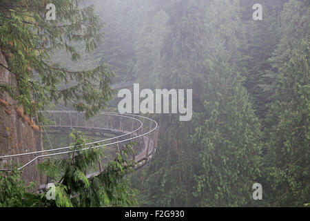 View of the Cliffwalk in the mist at Capilano suspension bridge attraction Vancouver Stock Photo