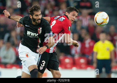 Bilbao, Spain. 17th Sep, 2015. Halil Altintop (L) of Augsburg and Gorka Elustondo of Bilbao vie for the ball during the UEFA Europa League Group L soccer match between Athletic Bilbao and FC Augsburg at Estadio de San Mames in Bilbao, Spain, 17 September 2015. Photo: Juan Flor/dpa/Alamy Live News Stock Photo
