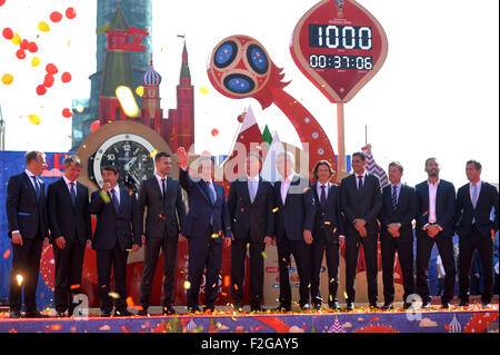 (150918) -- MOSCOW, Sept. 18, 2015 (Xinhua) -- FIFA's director of competition Colin Smith, Russia 2018 Organizing Committee General Director Alexei Sorokin, Russian Presidential Aide Igor Levitin, goalkeeper Igor Akinfeev of the Russian men's national football team, Russia's Sport Minister, Russian Football Union President Vitaly Mutko, Russia's First Deputy Prime Minister Igor Shuvalov, Moscow Mayor Sergei Sobyanin, Alexei Smertin, former member of the Russian men's national football team, Spain's former football player Fernando Hierro, Germany's former football player Lothar Matthaus, Italy' Stock Photo