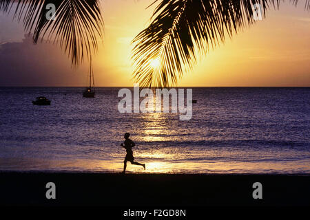 Barbadian man running along a beach at sunset. Barbados. Caribbean. West Indies Stock Photo