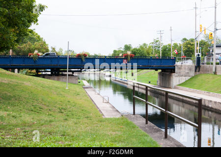 Car bridge going over the Trent–Severn Waterway boat locks in bobcaygeon ontario canada Stock Photo