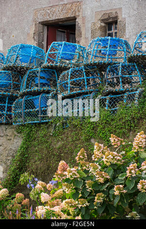 Blue lobster traps / lobster pots in front of fisherman's house in the fishing port at Le Conquet, Finistère, Brittany, France Stock Photo