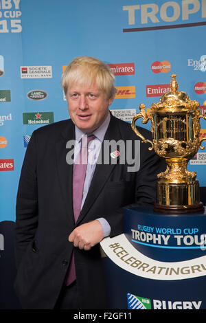 Camden,UK,18th September 2015,London Mayor Boris Johnson with the Webb Ellis cup at Haverstock school in Camde Credit: Keith Larby/Alamy Live News Stock Photo