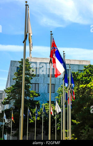 The Mississippi flag combining the Confederate flag flies in the Walk of Flags grounds outside the Oregon State Capitol building Stock Photo
