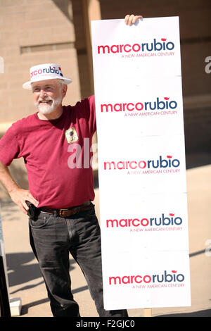 A supporter of GOP presidential candidate Senator Marco Rubio outside the Bon Scours Center before the start of the Heritage Foundation Take Back America event September 18, 2015 in Greenville, South Carolina. The event features 11 presidential candidates but Trump unexpectedly cancelled at the last minute. Stock Photo