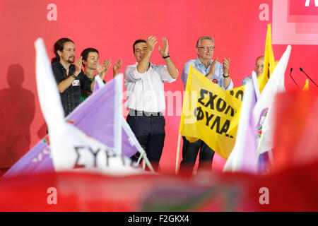 Athens, GREECE. 18th Sep, 2015. Syriza left-wing party leader and former Greek Prime Minister Alexis Tsipras, second right, waves to his supporters with Spanish Podemos party leader Pablo Iglesias, far left, German politician of Die Linke Gregor Gysi, right, Pierre Laurent of French Communist Party, center, and German politician and head of the Greens in the European Parliament Franziska Maria Ska Keller after a pre-election rally at Syntagma square in Athens. Credit:  ZUMA Press, Inc./Alamy Live News Stock Photo
