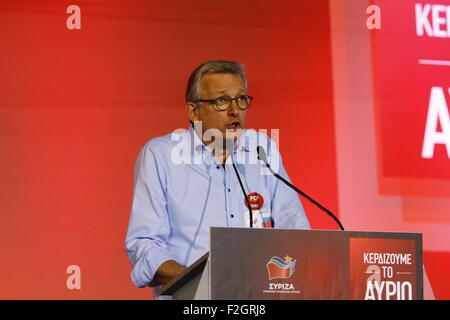 Athens, Greece. 18th Sep, 2015. Pierre Laurent, the National secretary of the French Communist Party, speaks at the election rally in Athens. SYRIZA leader Alexis Tsipras was the main speaker at the final SYRIZA election rally at Athen's Syntagma Square, two days before the Greek General election 2015 where the party battles with Néa Dimokratía for first place in the polls. © Michael Debets/Pacific Press/Alamy Live News Stock Photo