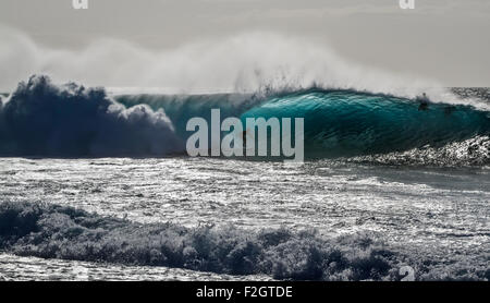 Surfer silhouette on back-lit Ocean wave, north shore Oahu Hawaii Stock Photo