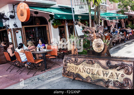 Miami Beach Florida,Espanola Way,entrance,restaurant restaurants food dining eating out cafe cafes bistro,al fresco sidewalk outside open air tables,e Stock Photo