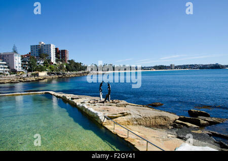 Cabbage Tree Bay Rock Pool with Manly Beach in background Stock Photo