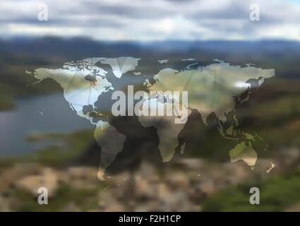 Polygonal world map on blurred landscape background. Vector design Stock Vector