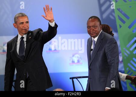 US President Barack Obama and Kenyan President Uhuru Kenyatta leave the stage after taking part in a panel discussion at the Global Entrepreneurship Summit at the United Nations Compound July 25, 2015 in Nairobi, Kenya. Stock Photo