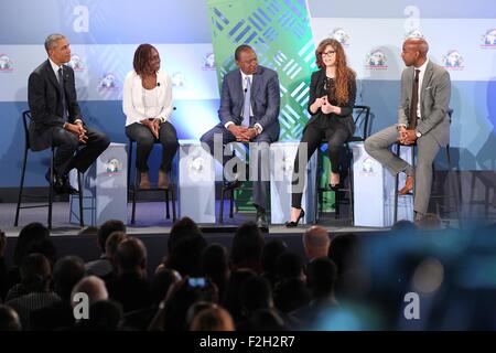 US President Barack Obama and Kenyan President Uhuru Kenyatta (center) take part in a panel discussion at the Global Entrepreneurship Summit at the United Nations Compound July 25, 2015 in Nairobi, Kenya. Stock Photo