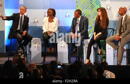 US President Barack Obama and Kenyan President Uhuru Kenyatta (center) take part in a panel discussion at the Global Entrepreneurship Summit at the United Nations Compound July 25, 2015 in Nairobi, Kenya. Stock Photo