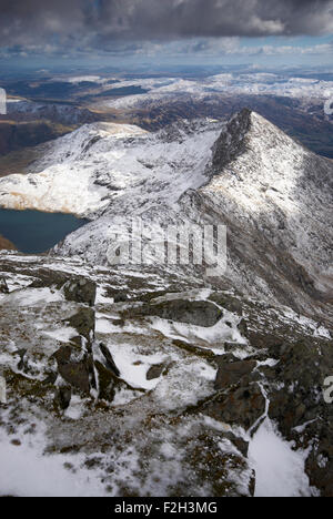 View from the snow covered summit of Snowdon in Snowdonia National Park, Wales, UK Stock Photo
