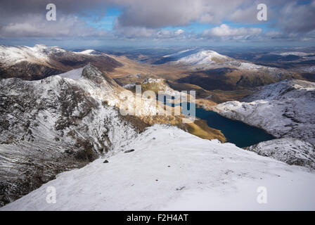 View from the snow covered summit of Snowdon in Snowdonia National Park, Wales, UK Stock Photo