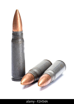 Three rifle bullets shot on white Stock Photo