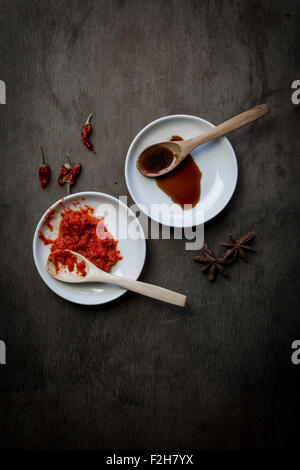 Seasoning sauces on plates with wooden spoons. Top view Stock Photo