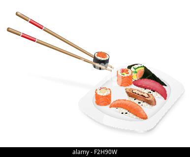 diverse set of sushi with chopsticks on a plate vector illustration isolated on white background Stock Vector