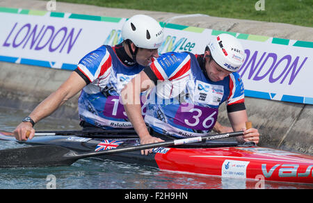Lea Valley, London, UK. 19th Sep, 2015. ICF Canoe Slalom World Championship. Day 4. C2 Men, Mark Proctor (GBR) and Etienne Stott (GBR) take a moment to rest and take in their 6th place in the final of the C2 Men. Credit:  Action Plus Sports/Alamy Live News Stock Photo