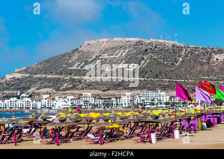 View of the huge sand beach on Agadir, Morocco Stock Photo