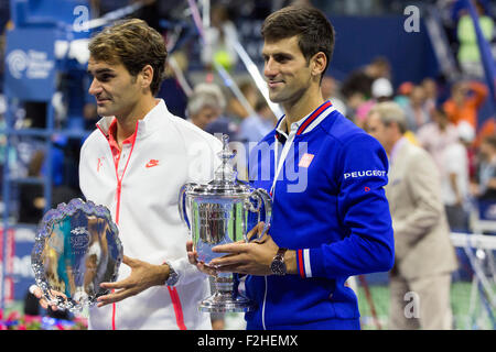 Novak Djokovic (SRB) winner and Roger Federer (SUI) after the Men's Final at the  2015 US Open Tennis Stock Photo