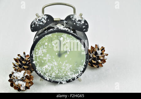close up of  a snowy black retro alarm clock, showing winter time,  2 am, with pine cones on white background, horizontal Stock Photo
