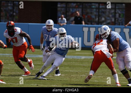 September 19, 2015: Marquise Williams (12) of the North Carolina Tar Heels cuts out on the quarterback keeper in the NCAA football matchup between the Fighting Illini of Illinois and the North Carolina Tarheels at Kenan Memorial Stadium in Chapel Hill, NC. Scott Kinser/CSM Stock Photo