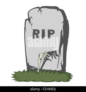 A gray gravestone with grass and RIP text and scary fingers from the grave Stock Photo