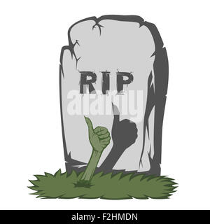 A gray gravestone with grass and RIP text and scary fingers from the grave (showing 'number one' sign) Stock Photo