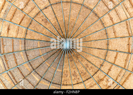 A dome made with Oriented Strand Board wood, also called OSB, with a metallic structure seen from below Stock Photo