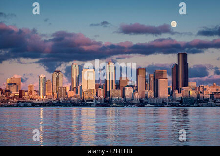 Moon Rising over Seattle Stock Photo