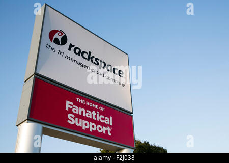 A logo sign outside of the headquarters of Rackspace Inc., in San Antonio, Texas on September 8, 2015. Stock Photo
