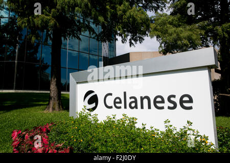 A logo sign outside of the headquarters of the Celanese Corporation in Irving, Texas on September 13, 2015. Stock Photo