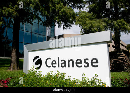 A logo sign outside of the headquarters of the Celanese Corporation in Irving, Texas on September 13, 2015. Stock Photo