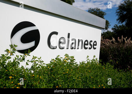 A logo sign outside of the headquarters of the Celanese Corporation in Irving, Texas on September 13, 2015. Stock Photo