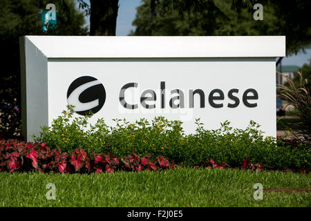 A logo sign outside of the headquarters of the Celanese Corporation in Irving, Texas on September 13, 2015. Stock Photo