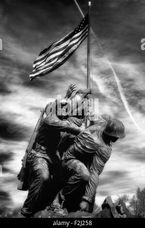 Marine Corps War Memorial statue with American flag in black and white. Arlington, Virginia, United States. Stock Photo