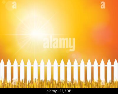 Wooden fence and autumn grass under sky. Stock Vector