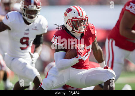 Madison, WI., USA. 19 September, 2015. Wisconsin Badgers running back Dare Ogunbowale #23 scores on a 17 yard touchdown run during the NCAA Football game between the Troy Trojans and the Wisconsin Badgers at Camp Randall Stadium in Madison, WI. Wisconsin defeated Troy 28-3. Credit:  Cal Sport Media/Alamy Live News Stock Photo