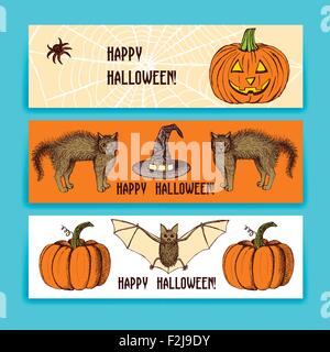Sketch Halloween banners in vintage style, vector set Stock Vector