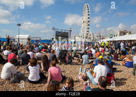 Brighton, UK. 20th September, 2015. Rugby World Cup 2015: spectators in the fanzone on Brighton seafront watch the game against USA and Samoa on Sunday 20 September 2015 Credit:  DB Pictures/Alamy Live News Stock Photo