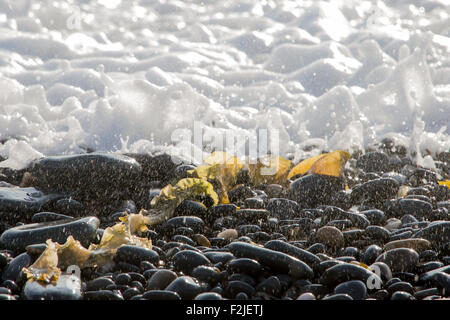 Bright sea foam washing up over pebbles and seaweed Stock Photo