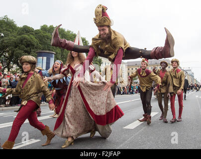 Munich, Germany. 20th Sep, 2015. Morris dancers take part in the traditional costumes and marksmen's parade at the 182nd Oktoberfest in Munich, Germany, 20 September 2015. The world's largest beer festival which will run until 04 October 2015 is expected to attract some six million visitors from all over the world this year. Photo: PETER KNEFFEL/dpa/Alamy Live News Stock Photo