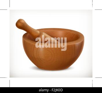 Wooden mortar, vector icon, isolated on white background Stock Vector