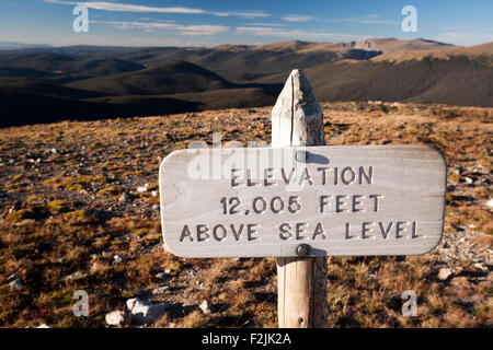 Elevation Sign 12,005 Feet - Alpine Tundra Ecosystem - Rocky Mountain National Park, near Estes Park, Colorado, USA Stock Photo