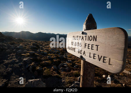 Elevation Sign 12,005 Feet - Alpine Tundra Ecosystem - Rocky Mountain National Park, near Estes Park, Colorado, USA Stock Photo